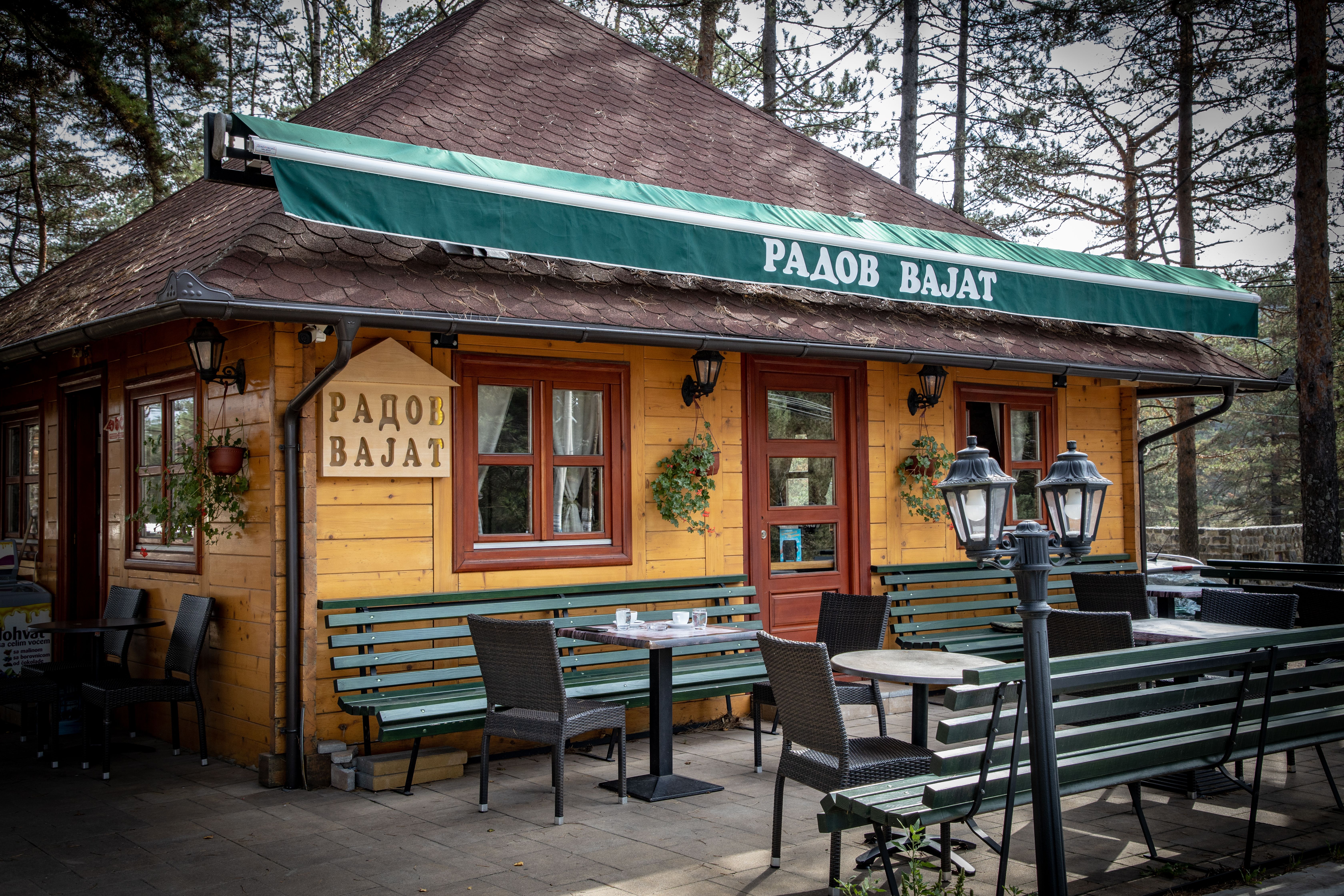 Outdoor seating beside a charming wooden lodge surrounded by a scenic forest.